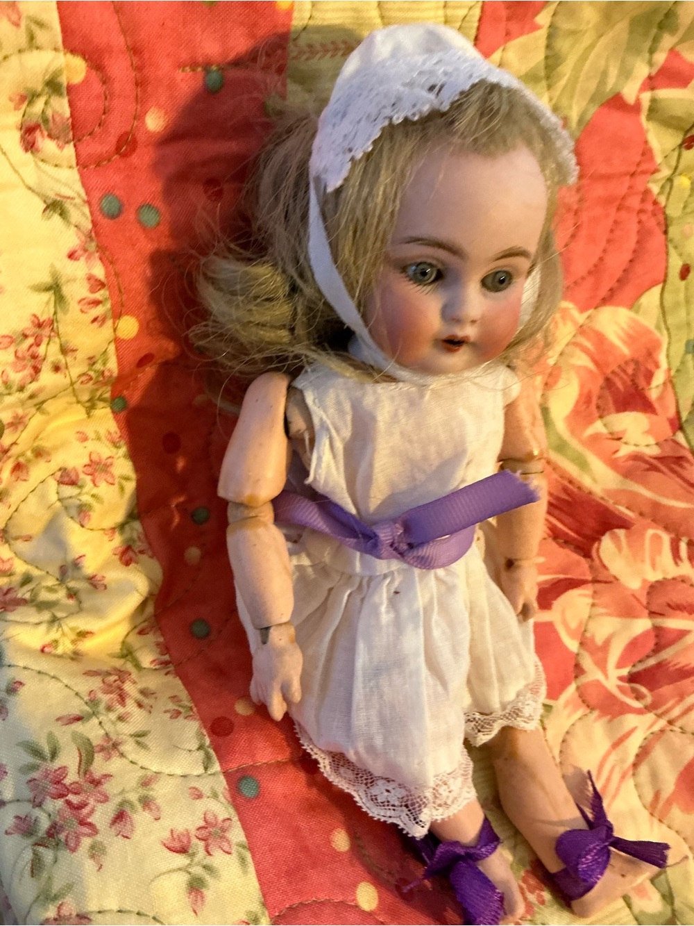 Kestner Antique-Style Porcelain Baby Doll in White Dress with Purple Accents